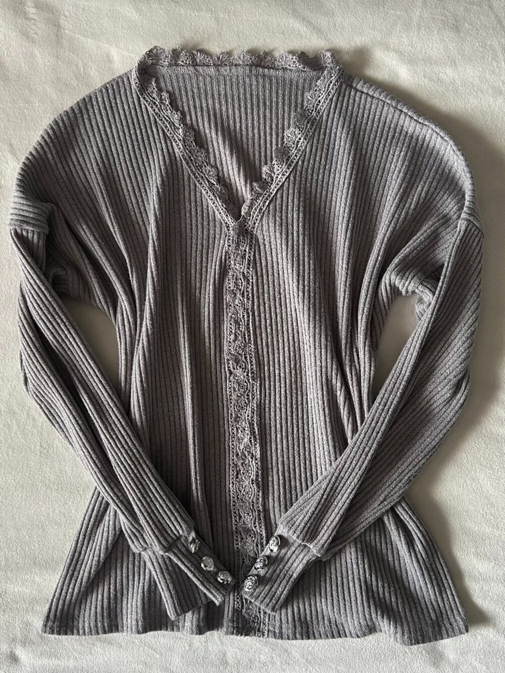 Womens Gray Lace Trim Ribbed Sweater Top Coquette Y2K Cottagecore Size 2XL